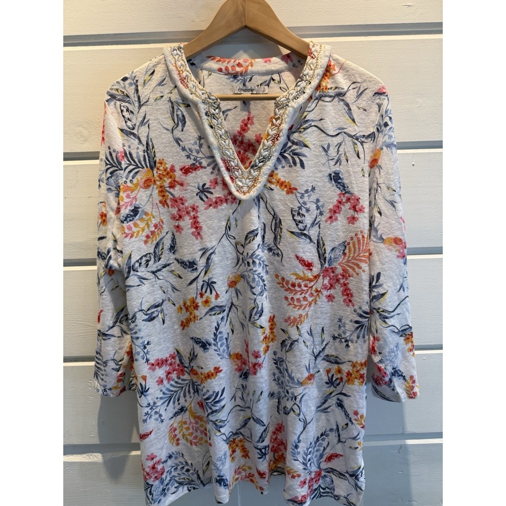 Chico's Pullover Tunic Top Women's Size 3 / XL V-Neck Floral Cotton Blend Artsy